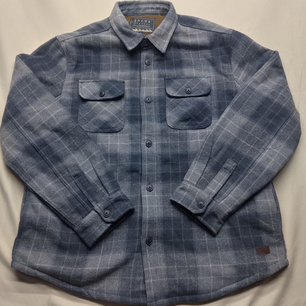 Jachs New York Mens XL Blue Gray Plaid Sherpa Lined Wool Blend Flannel Shirt Jac